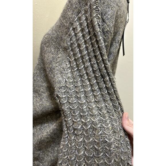NWT Frye Gray Wool Blend V-Neck Sweater Woven Balloon Sleeve Chunky Knit - L - Picture 3 of 7